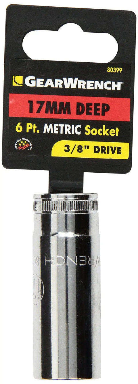 Three Eighths Inch Drive Deep 17mm Metric Socket, 6 Point, packaging and chrome finish