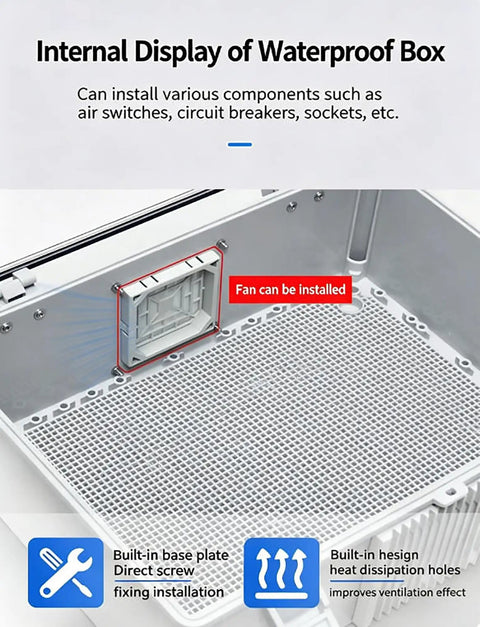 Outdoor Electrical Box ABS Plastic Weatherproof Junction Box With Hinged Cover And Stainless Steel Latch Mounting Plate Wall Bracket IP66 IP67 Rated Dustproof Rainproof Worksite Ready Power Gear interior with fan mount and vent holes