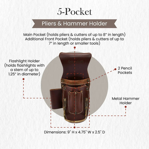 5 Pocket Pliers and Hammer Holder Leather Tool Pouch in Full Grain Dark Tan with pockets and holders, front view.