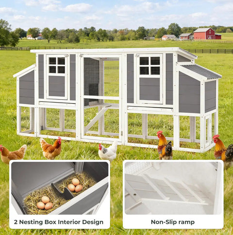 98 Inch Large Wooden Chicken Coop For 6 To 8 Chickens with pull-out tray, four nesting boxes, dual roosting perches, outdoor view.