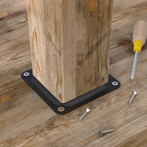 Close-up of 8 Pack 4x4 Wood Post Plate Connector with Powder Coated Decking Post Base and screws for easy installation on wooden deck.