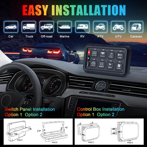RGB 8 Gang Switch Panel High Power Multifunction Toggle Box With Waterproof Housing on car dashboard installation