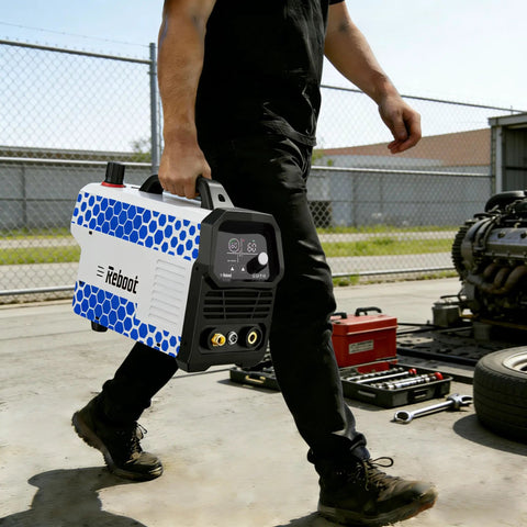 Person carrying 60A Plasma Cutter With Large LED Display And Dual 120V 240V IGBT Inverter Delivers Clean One Half Inch Cuts