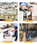 Collage of images showing light fixtures, appliance repair, plumbing, and decoration work.