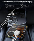 Four Port 90W Car Charger With Dual USB C And USB A Ports Delivers Fast PD 45W And QC 45W Charging for multiple devices in car.