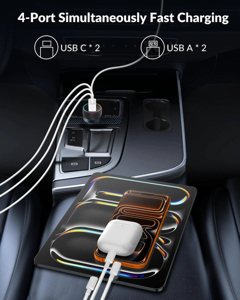 Four Port 90W Car Charger With Dual USB C And USB A Ports Delivers Fast PD 45W And QC 45W Charging for multiple devices in car.
