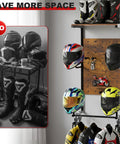 Comparison of cluttered gear on table vs organized display using Ride Ready Wall Mount Helmet Holder For Motorcycle Gear Display Rack