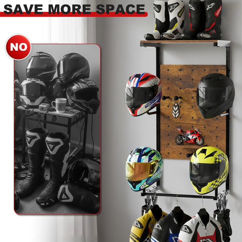Comparison of cluttered gear on table vs organized display using Ride Ready Wall Mount Helmet Holder For Motorcycle Gear Display Rack
