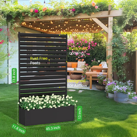 No-Dig Metal Patio Privacy Fence Screen With Planter Box For Outdoors, 73.8 In H By 45.3 In W, rustproof black metal in garden