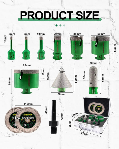 Pro Grade Tile Hole Saw Kit With Tough As Nails Diamond Core Bits sizes displaying various core bits for cutting tile, stone, and glass.