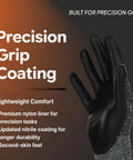 Nylon Work Gloves With 3D Comfort Fit And Power Grip For Gardening And Yard Work, black, small size, nitrile-coated grip, close-up view.