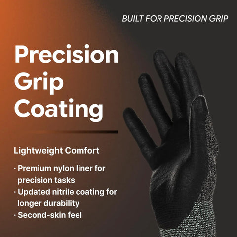 Nylon Work Gloves With 3D Comfort Fit And Power Grip For Gardening And Yard Work, black, small size, nitrile-coated grip, close-up view.