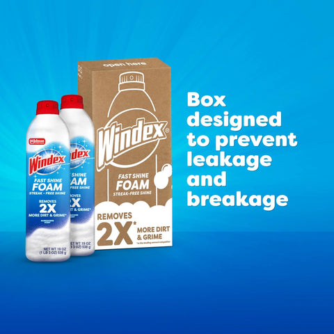 Two Windex Fast Shine Foam Glass Cleaner spray cans, 19 oz each, pack of 2, front view with box