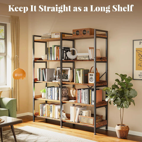 Sturdy 5 Tier Display Bookcase With 10 Open Shelves And Raised Backboard, 47.2 Inch Wide Shelf Unit With Metal Frame And Wooden Board