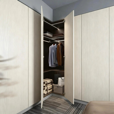 Open corner wardrobe showcasing 165 Degree Lazy Susan Cabinet Hinges For Face Frame Kitchens Two Pack Soft Close Hinges installed.