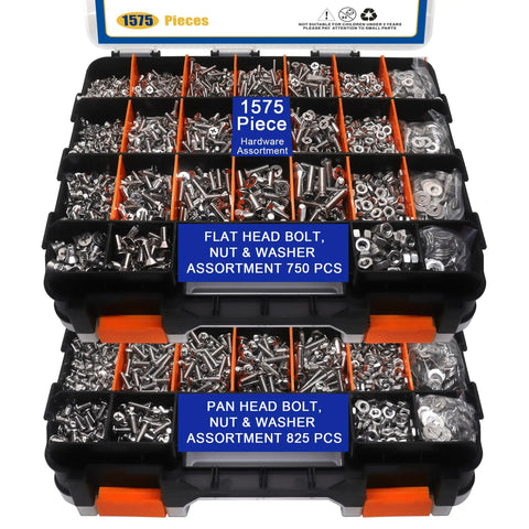 All In One Must Have 1575 Piece Stainless Steel Nuts And Bolts Kit With SAE Size Variety in orange box
