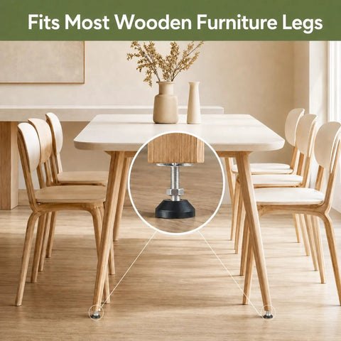Premium Adjustable Leveling Feet For Uneven Floors 4 Pack M8 X 1.25 Cabinet Legs With 20 Degree Swivel Nylon Grips under wooden table.