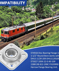 ST491B disc bearing flange with 1-1/2" round bore, compatible models listed, train scenery background.