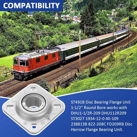 ST491B disc bearing flange with 1-1/2" round bore, compatible models listed, train scenery background.