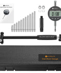 Neoteck dial bore gauge set with digital indicator, 50-160mm range, carbide anvils, insulated grips, in black case.