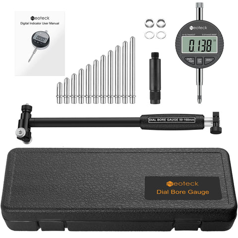 Neoteck dial bore gauge set with digital indicator, 50-160mm range, carbide anvils, insulated grips, in black case.