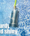 Green Expert stainless steel submersible sump pump with green hose, pool mosaic background