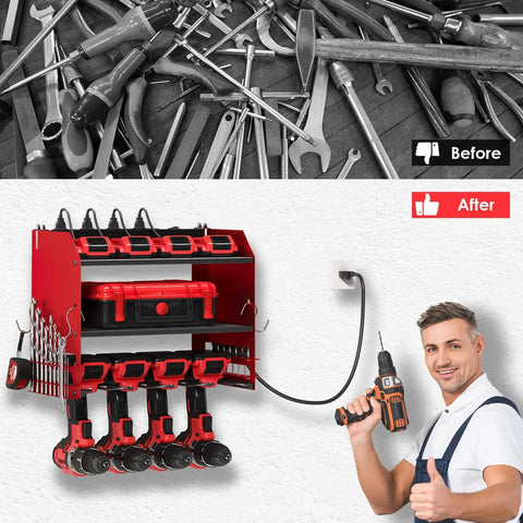 Power Tool Organizer Wall Mount With Charging Station, Built In 4 Drill Holders And 8 Outlet Power Strip, before and after usage demo