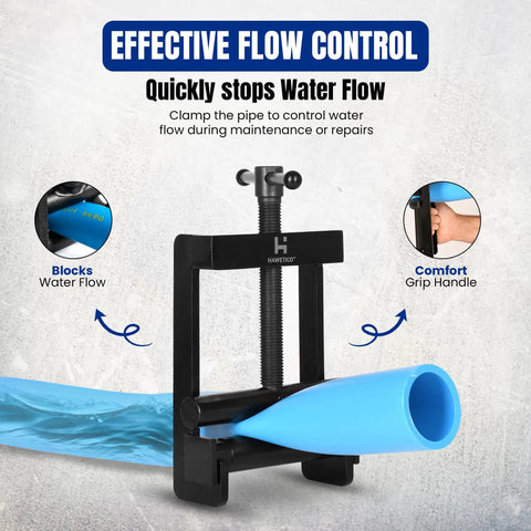 Heavy Duty Pipe Squeeze Off Tool For Plastic Tubing 0.63 To 2.5 Inches 16 To 63 Millimeters Hand Clamp in use on water pipe