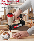 Pneumatic 23 Gauge Pin Nailer Bundle With 10000 Piece Galvanized Pins For Smooth Trim Job And Woodwork And Delivers Rock Solid Air Tool Performance For Weekend Projects And Quick Finishing in use on wood.
