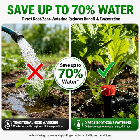 Comparison of traditional hose watering and 230 Feet Drip Irrigation Kit With Quick Push To Connect No Tool Setup Auto Garden Watering System Includes 33 Feet Of One Half Inch Tubing And 197 Feet Of One Quarter Inch Tubing For Raised Beds Lawns And Greenhouses efficiency with reduced runoff.
