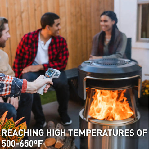 People around Bonfire Pi Fire Pizza Oven Accessory For Fire Pit With Cordierite Pizza Stone measuring temperature.