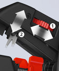 Close-up of ComStrip Automatic Wire Stripper for 10-24 AWG Cables with adjustment knob and stripping blade details