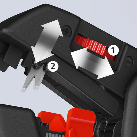 Close-up of ComStrip Automatic Wire Stripper for 10-24 AWG Cables with adjustment knob and stripping blade details