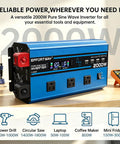 Road Trip Ready 2000 Watt Pure Sine Wave Inverter With 4000 Peak DC 12V To 110V AC Converter LCD Panel Wireless Remote 3AC Outlets 4USB on a wooden table.