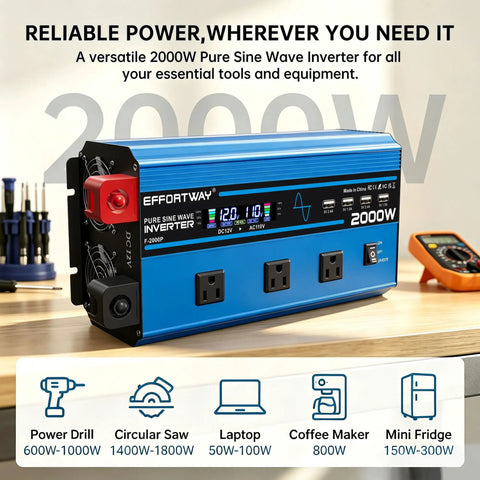 Road Trip Ready 2000 Watt Pure Sine Wave Inverter With 4000 Peak DC 12V To 110V AC Converter LCD Panel Wireless Remote 3AC Outlets 4USB on a wooden table.