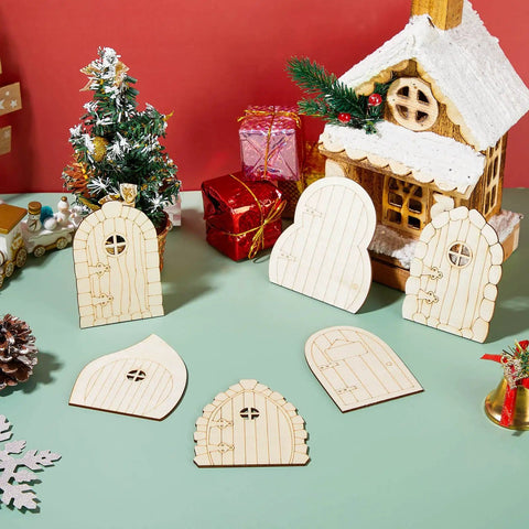 DIY Fairy House Kit 48 Pcs Unfinished Wood Doors And Windows For Miniature Garden Decor set with various wooden pieces.