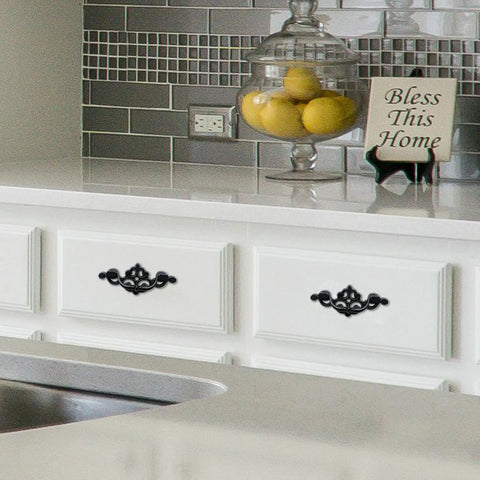 8 Pack Matte Black Drop Bail Drawer Pulls Two And A Half Inch Center Vintage Cabinet Handles installed on white kitchen drawers