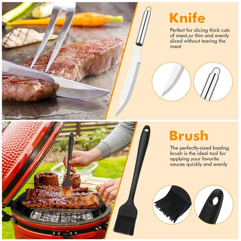 All In One Grill Tools Set 15 Pcs Stainless Steel BBQ Accessories Kit With Portable Carry Bag knife and basting brush detail
