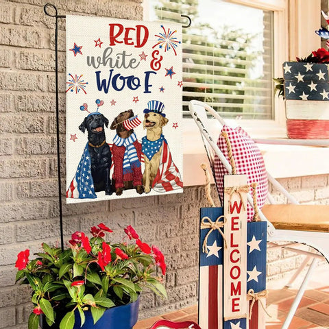Patriotic 4th Of July Garden Flag 12x18 Inch Double Sided Yard Outdoor Decoration Weather Resistant Durable Polyester Fabric With Stars And Stripes All American For Memorial Day And Independence Day in garden setting with red, white, and blue theme.