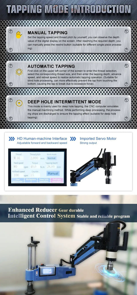 Heavy Duty 1200W Electric Tapping Machine For M6 To M30 Steel And Aluminum Holes Universal 360 Degree Rotating Arm with digital interface.
