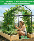 Woman tending to plants under a tall garden arch trellis for climbing plants, 7 ft metal walk-through archway with adjustable base