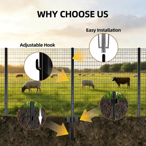 Heavy Duty 6Ft No Dig U Post Fence Posts For Wire Fences, Galvanized Steel Garden Posts installed with wire fencing in field