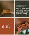 Drift wooden car air freshener block in teak finish; shown with visor-clip attachment and mounted in car.