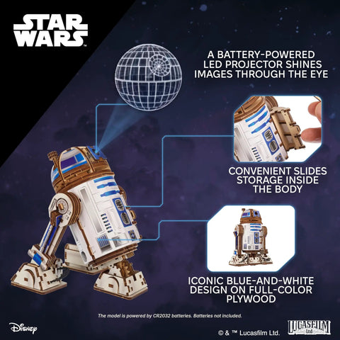 R2 D2 3D Wooden Puzzle Kit For Adults With Moving Parts And LED Projection Light shown in space setting.