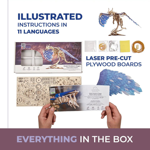 Windstorm Dragon Model Kit 3D Mechanical Puzzle With Rubber Band Motor For Adults To Build Fun Brain Teaser Hobby Kit That Lets The Wings And Body Animate In Realistic Flight Motion, box contents