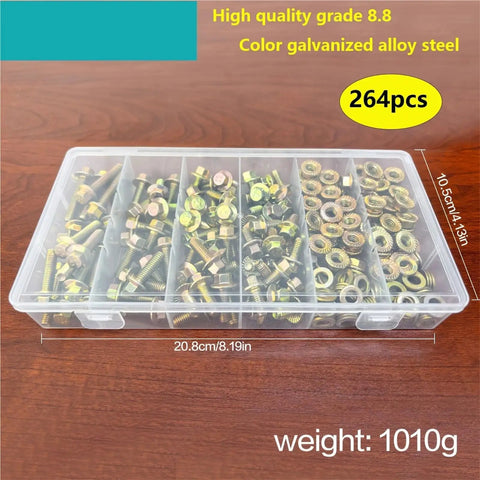Heavy Duty Alloy Steel Hex Bolts Nuts And Washers Set 264 Piece Zinc Plated Metric Fasteners Kit For DIY Projects And Quick Home Repairs Built Tough For Automotive And Equipment. 264pc organizer box with bolts, nuts, and washers, 20.8cm