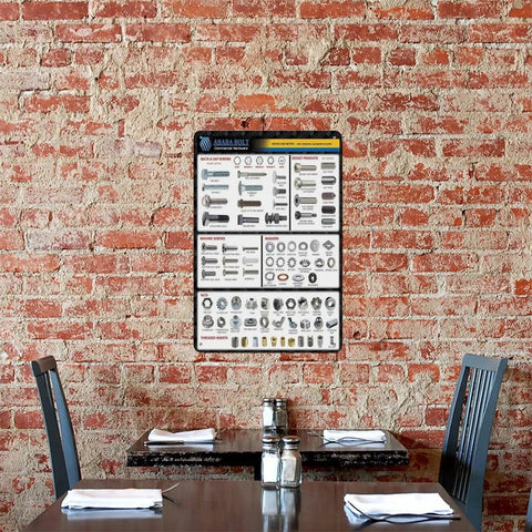 Cool Vintage Metal Tin Sign Chart For Garage And Shop Featuring Hex Bolt Screw Nut Washer Size Guide on brick wall in restaurant.