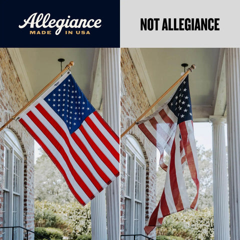 Comparison of Made In USA 3x5 Ft American Flag Set With 200D Nylon Embroidered Stars Hand Sewn Stripes on porch versus another flag.