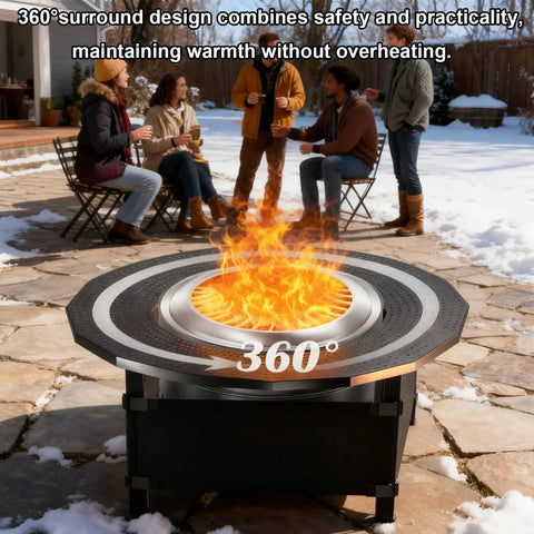 40 Inch Adjustable Fire Pit Surround Tabletop for Bonfire and Ranger Stoves, powder-coated steel top, outdoor use, 360° view
