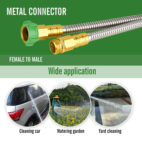 304 Stainless Steel Garden Hose 20 Ft With Female To Male Metal Connector No Leakage Built To Last Flexible Lightweight Kink Free Water Hose Easy To Use And Store Today shown with applications for car, garden, and yard cleaning.